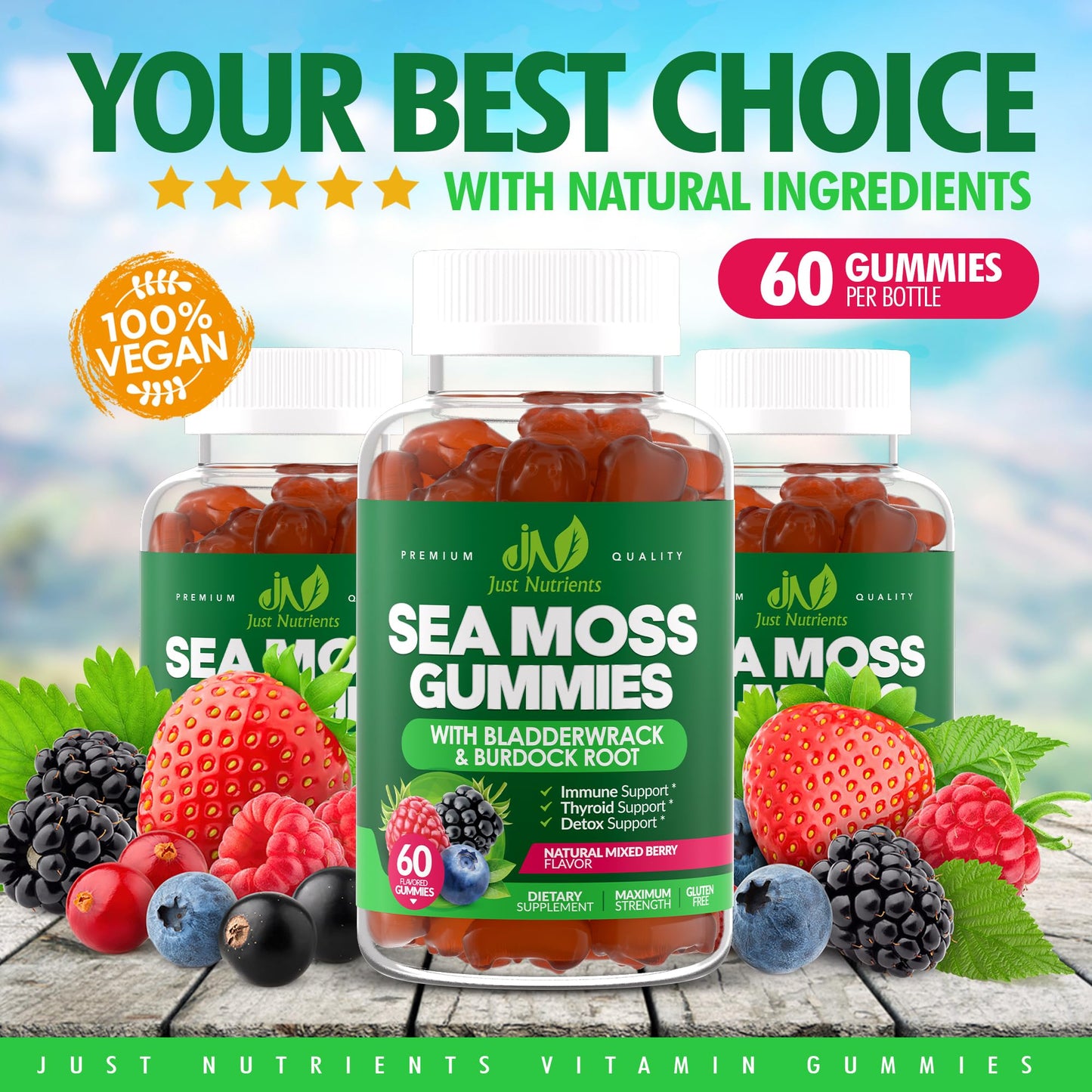 Just Nutrients Sea Moss 3000mg Gummies with Bladderwrack and Burdock Root - Natural Irish Sea Moss Superfood for Immune, Thyroid and Detox Support - Extra Strength for Men & Women - Gluten-Free, Vegan 60 Gummies