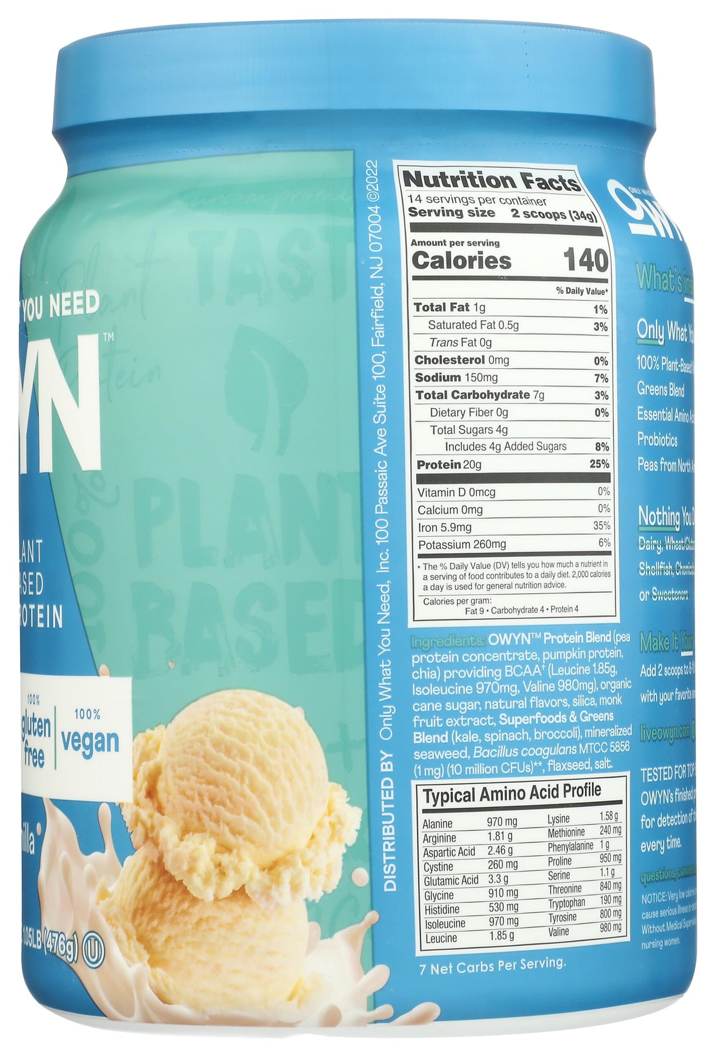 OWYN Only What You Need Smooth Vanilla Flavored 20g Protein Powder 17.6 oz