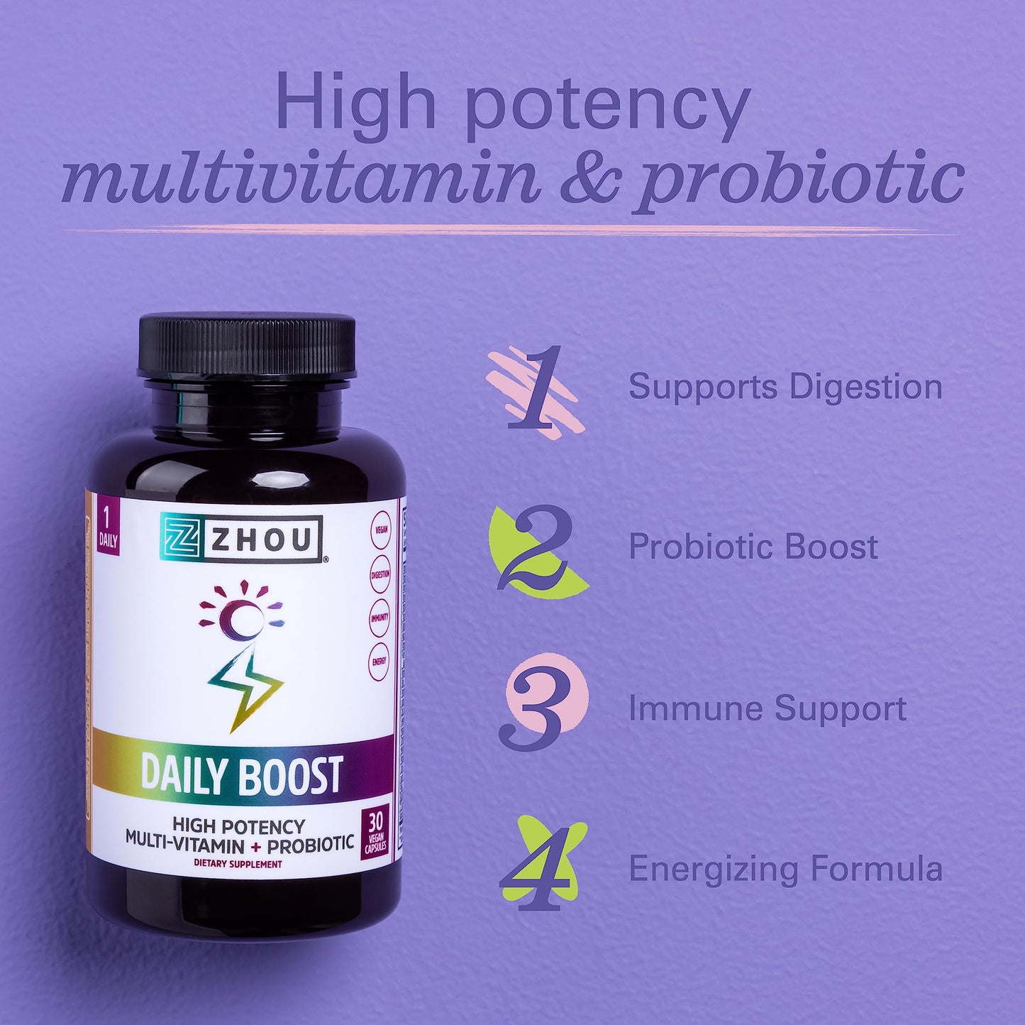 ZHOU Daily Boost Probiotic Multivitamin for Women & Men, 30 Capsules