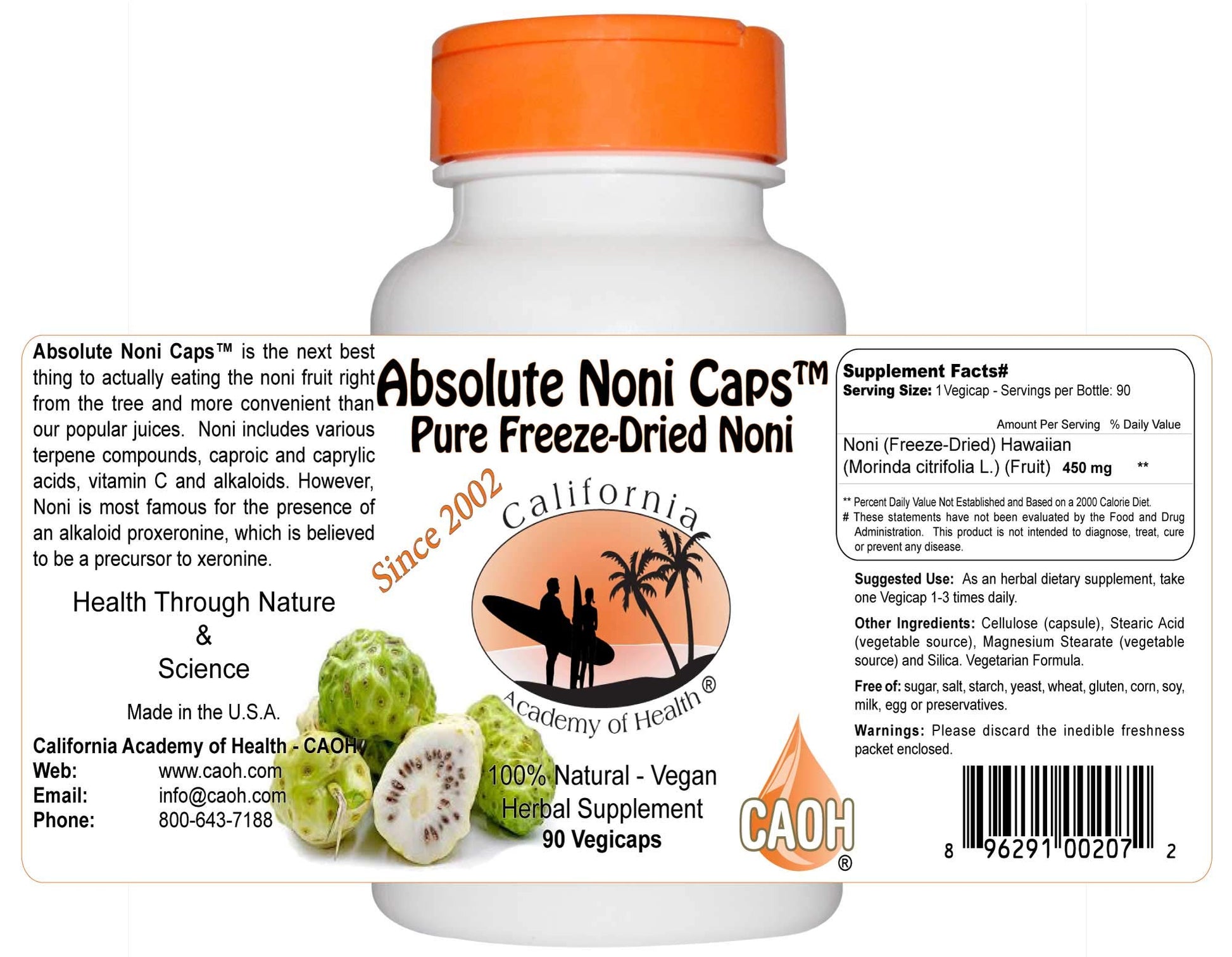 CALIFORNIA ACADEMY OF HEALTH Pure Freeze Dried Noni Capsules, 90 Capsules