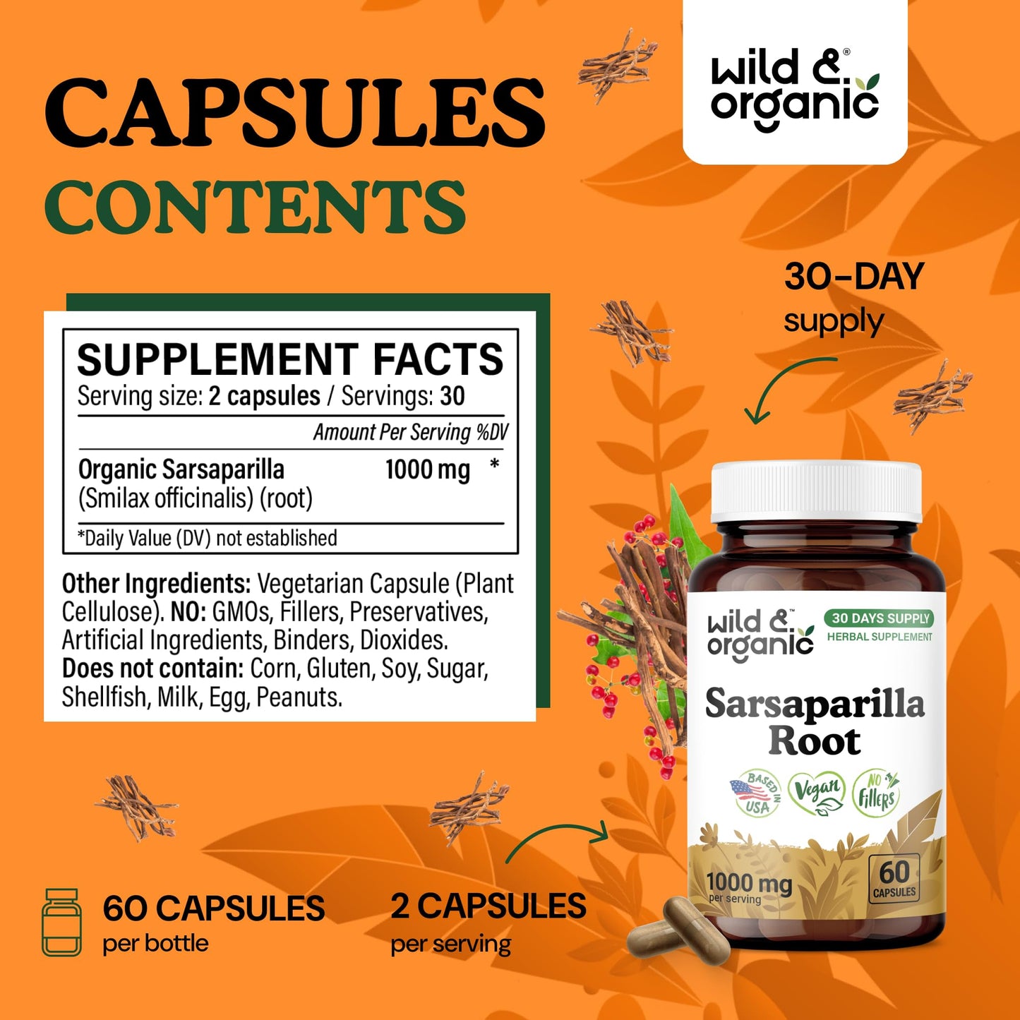 Wild & Organic Sarsaparilla Root Capsules, 60 Count