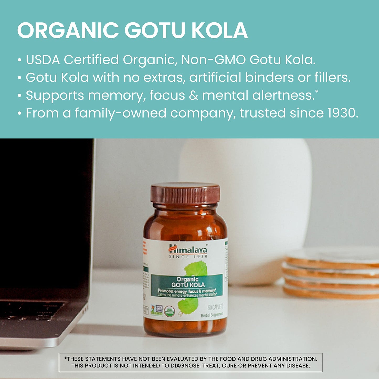 Himalaya USDA Organic Gotu Kola 650 mg Caplets, 180 Count