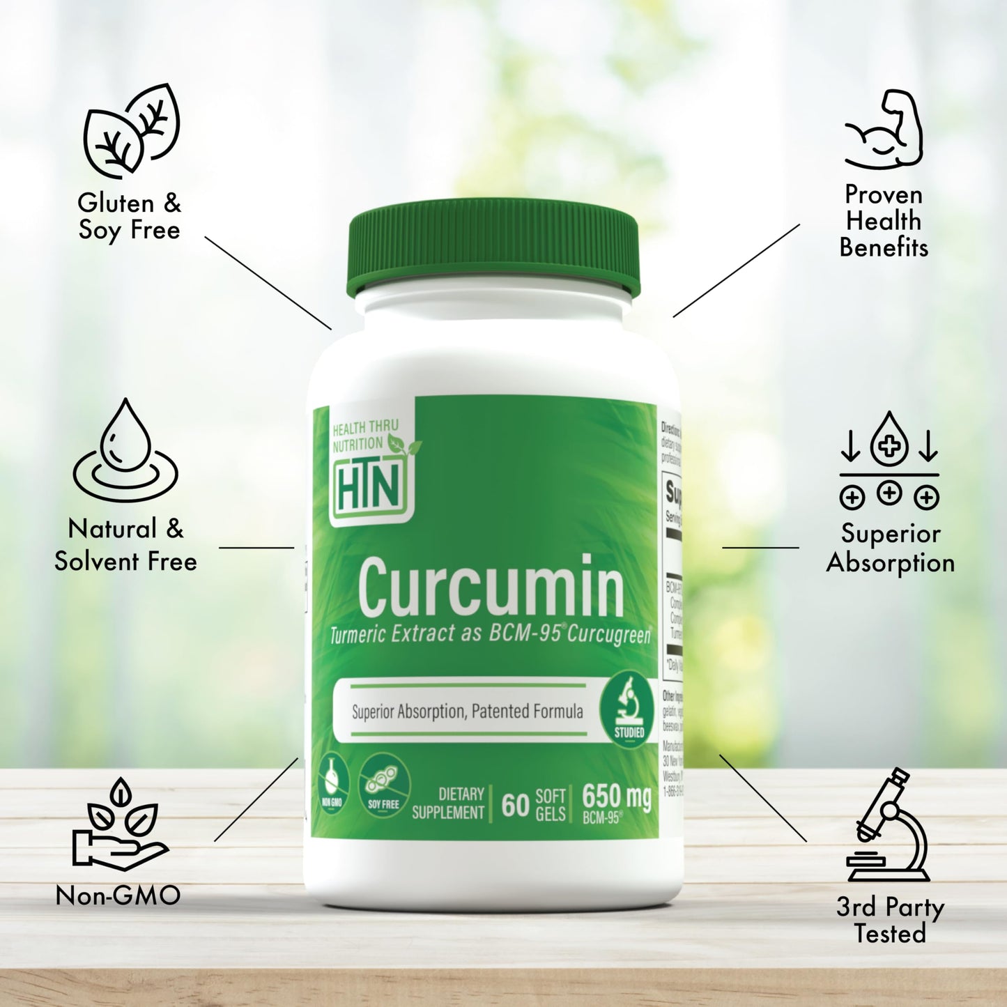 Health Thru Nutrition Curcumin 650mg BCM-95 Curcugreen Turmeric Curcumin Complex High Absorption Healthy Inflammation Response Clinically Studied 3rd Party Tested Non-GMO 60 Capsules