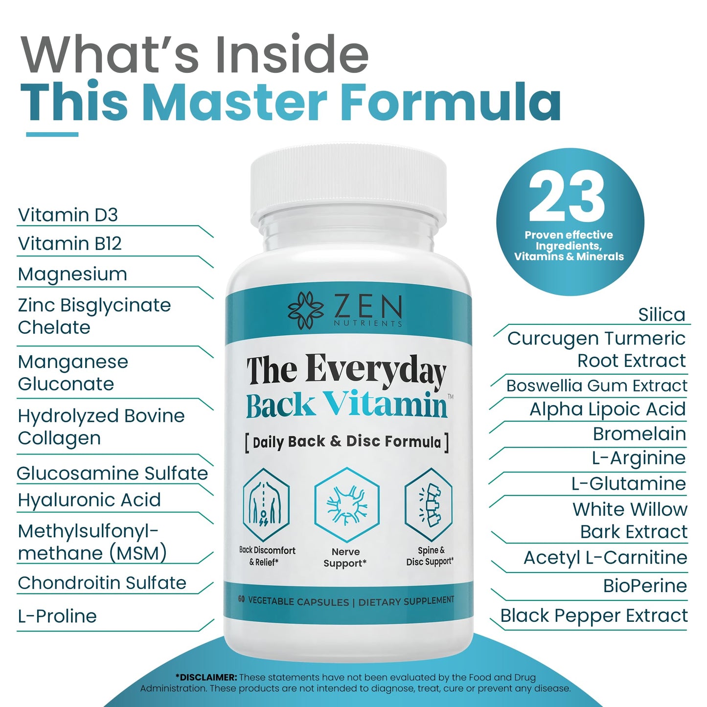 Zen Nutrients The Everyday Back Vitamin for Lower Back Relief & Nerve Function Support Supplement - Back, Disc and Nerve Relief with Alpha Lipoic Acid, Turmeric & Glucosamine, 60 Capsules