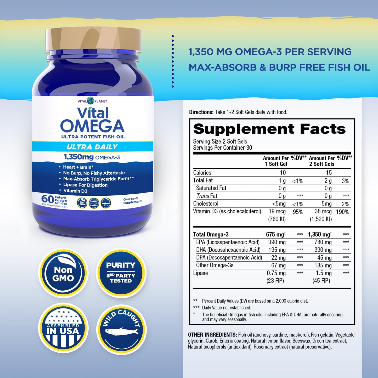 Vital Planet Vital Omega 3 Fish Oil Ultra Daily Supplement Softgels 60