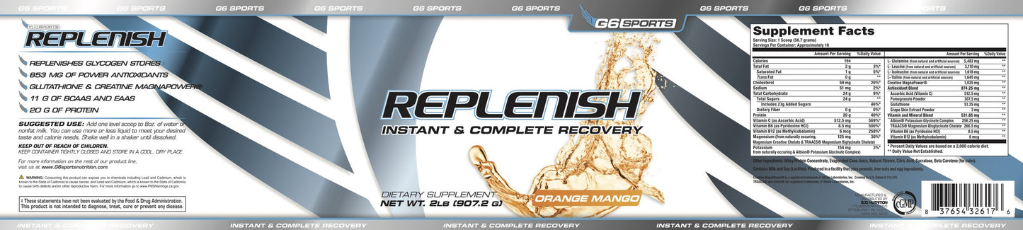 G6 Sports Replenish Instant & Complete Recovery Powder, 2 lb