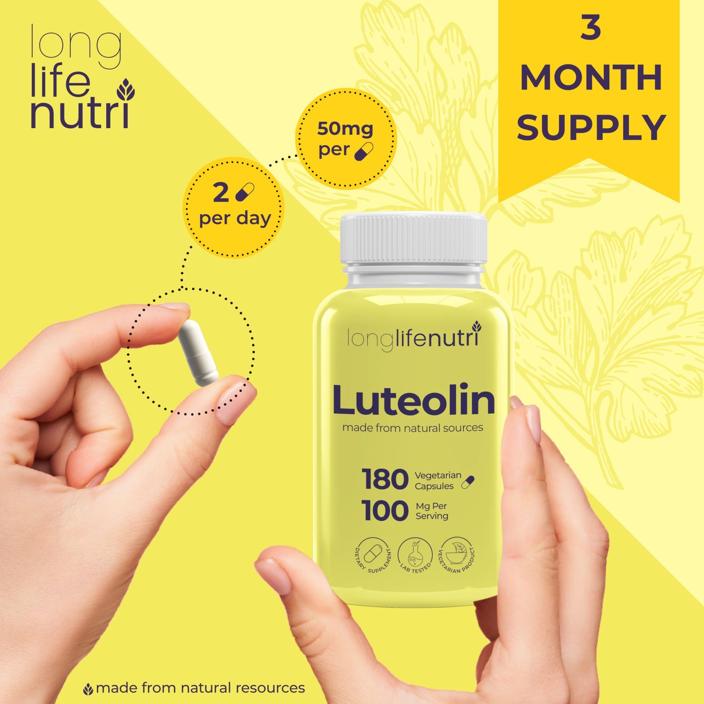 LongLifeNutri Luteolin Supplement 100mg Capsules, 180 Count