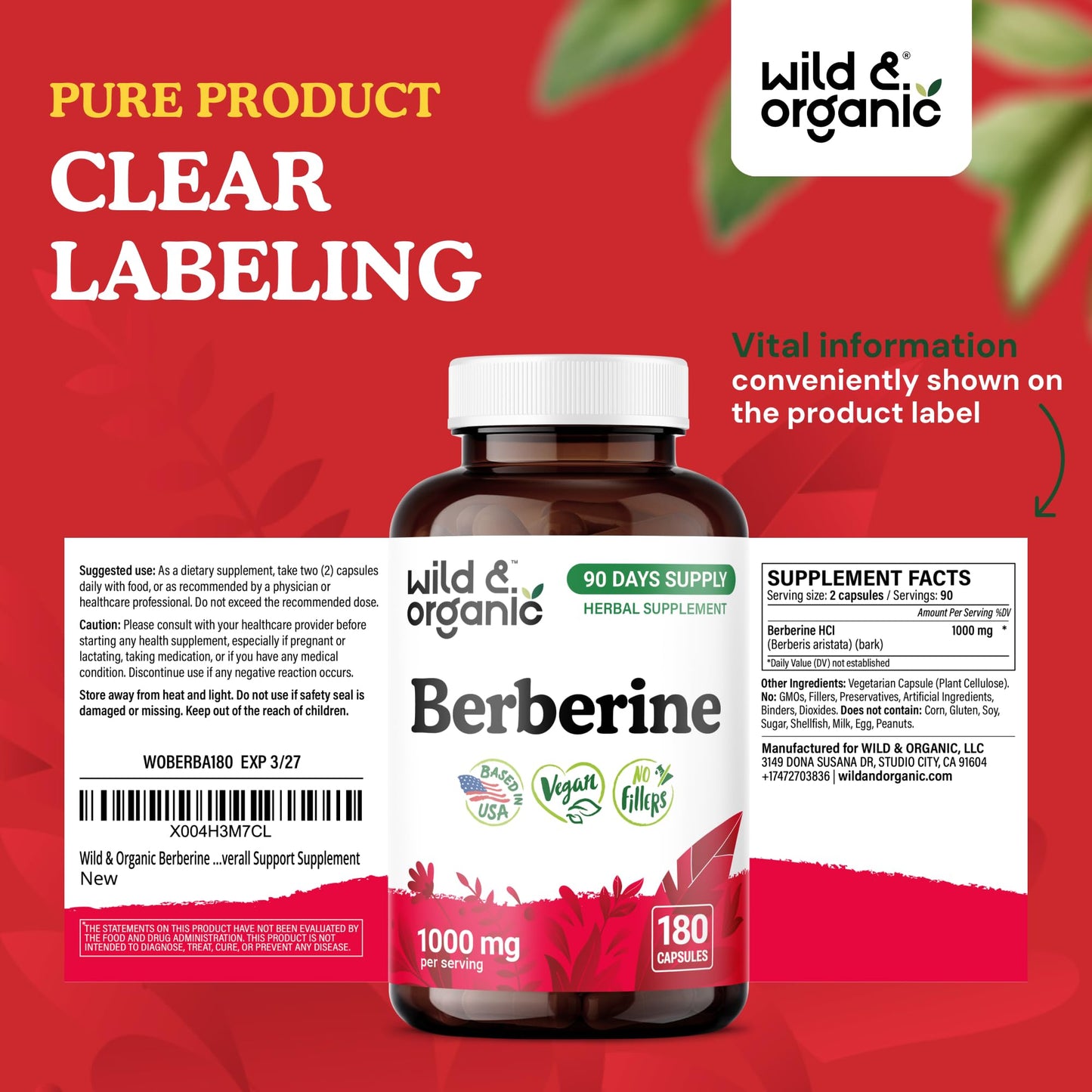 Wild & Organic Berberine Supplement Capsules 1000 mg, 180 Count