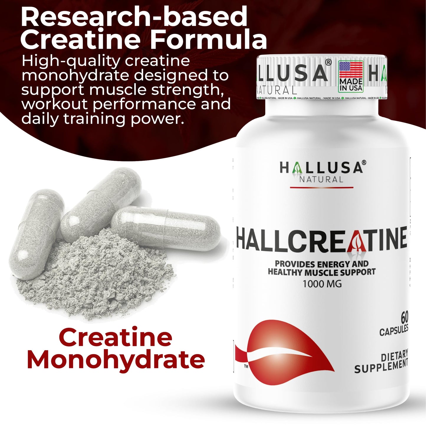 Hallusa Natural Creatine Monohydrate Capsules, 60 Capsules