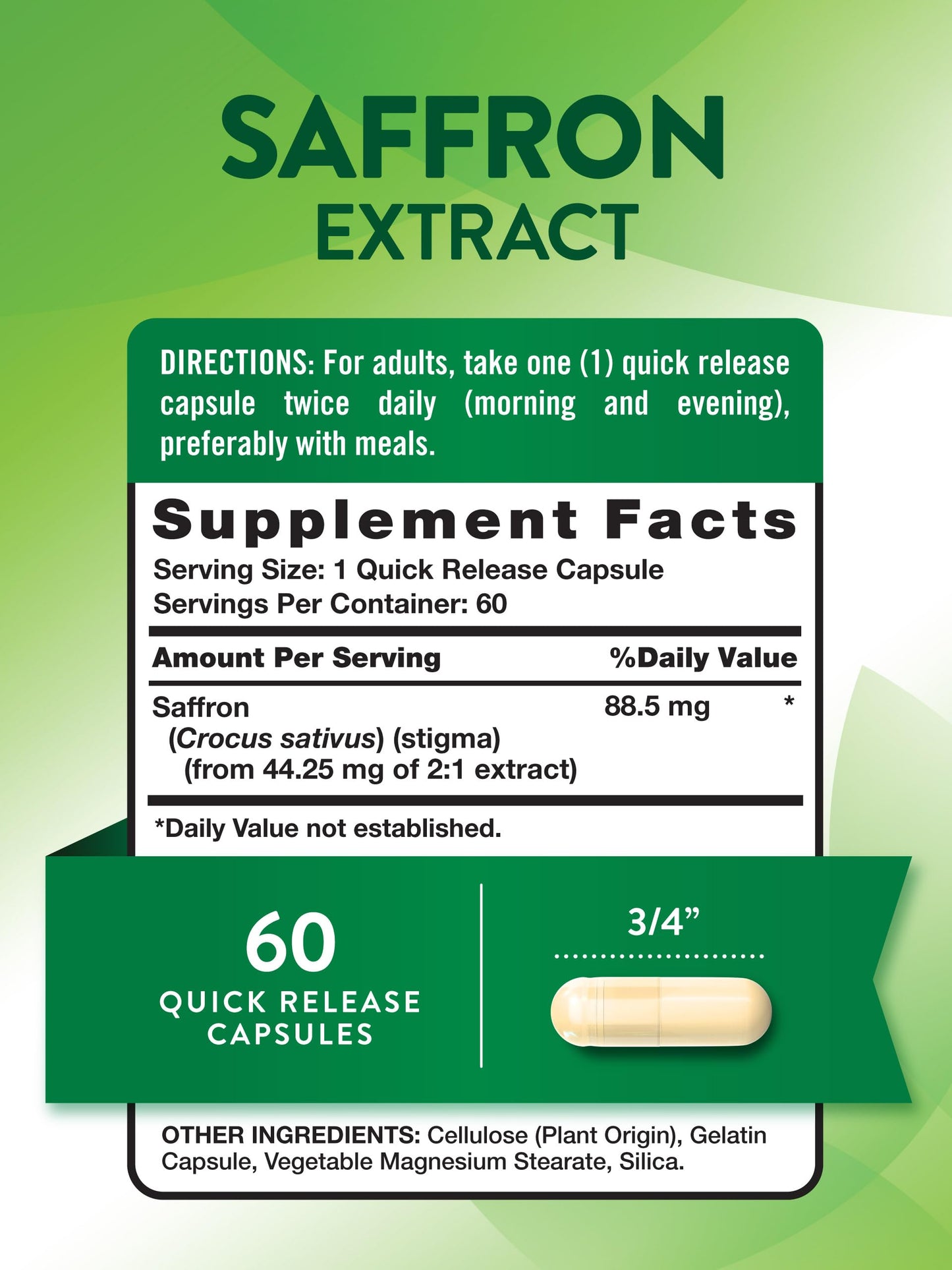 Nature's Truth Saffron Extract Supplement Concentrated Capsules 60 Count