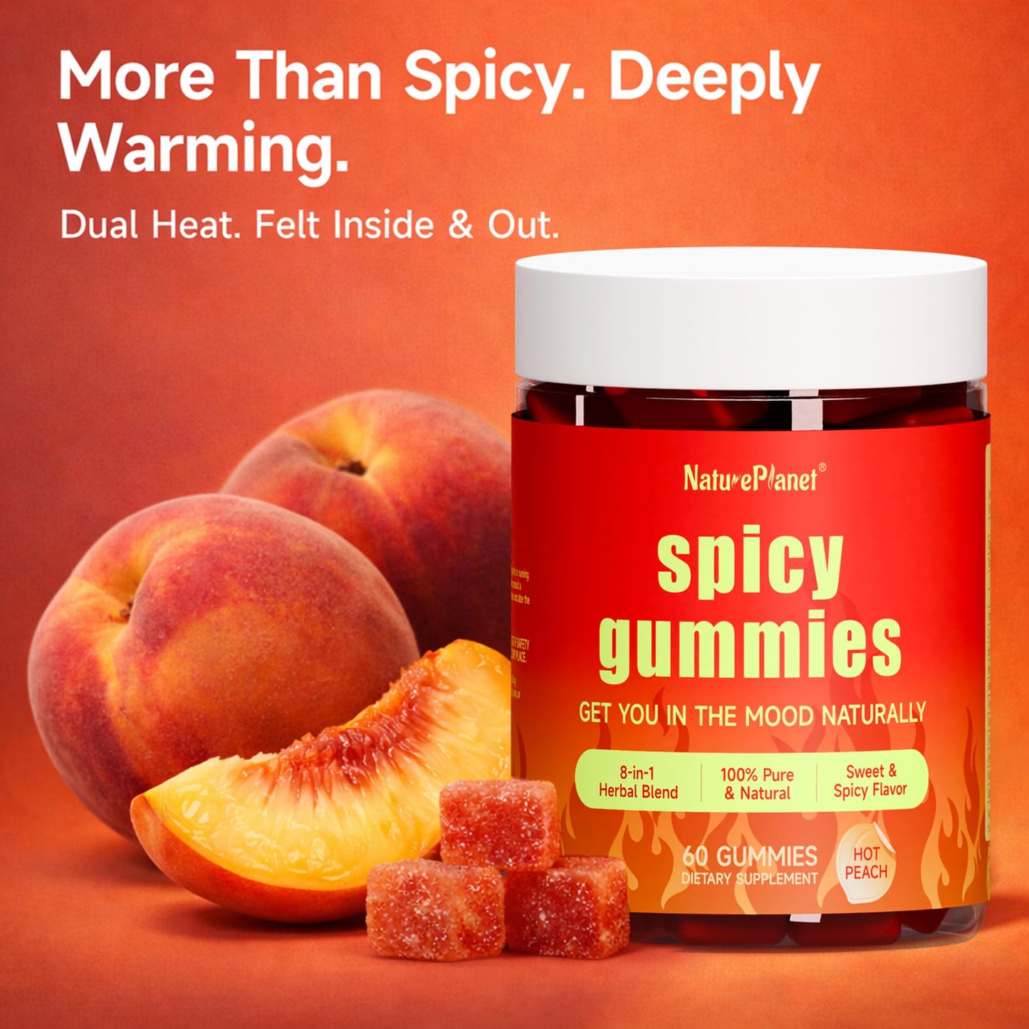 NaturePlanet Spicy Gummies Mood & Stress Support with L-Theanine, Saffron, Ashwagandha, Epimedium, Muira Puama, Maca, Hot Peach Flavor, 60 Gummies