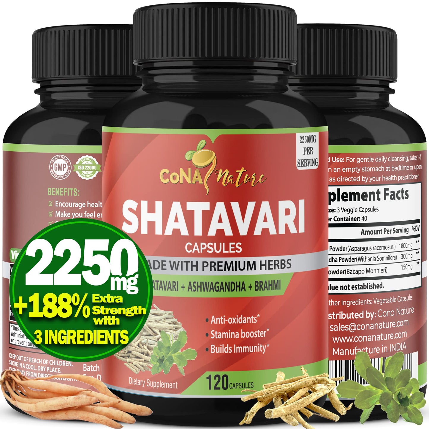 Cona Nature Organic Shatavari Powder Capsules 2250mg with Ashwagandha, Brahmi Extract, 120 Capsules