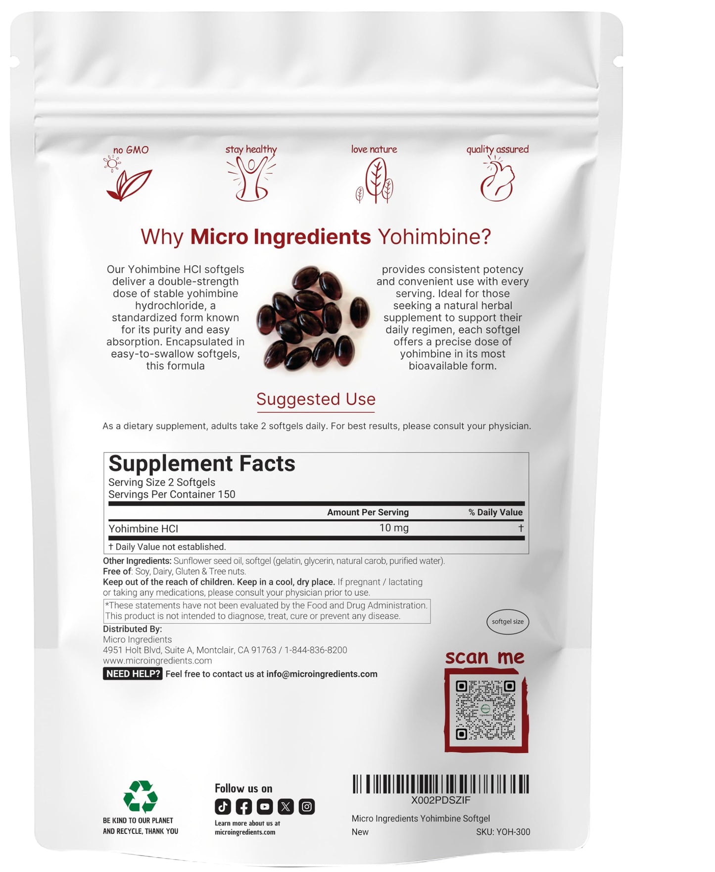 Micro Ingredients Yohimbine HCl Softgels 10 mg per serving, 300 count