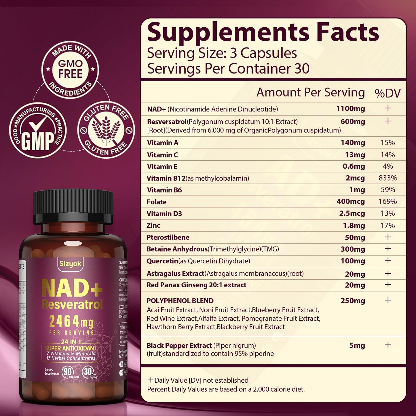 Sizyok NAD Supplement 1100mg + Resveratrol 600mg – Advanced Liposomal NAD+ Capsules with Pterostilbene & Quercetin, 90 Count
