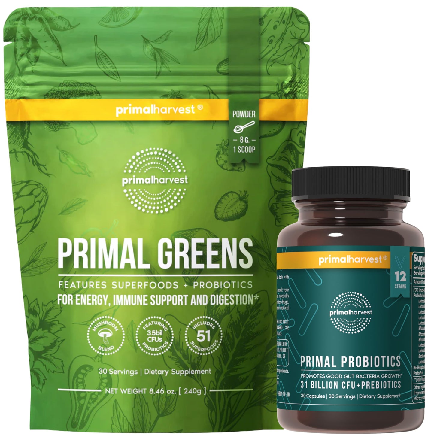 Primal Harvest Greens Powder & Probiotics Bundle Capsule 2-Pack