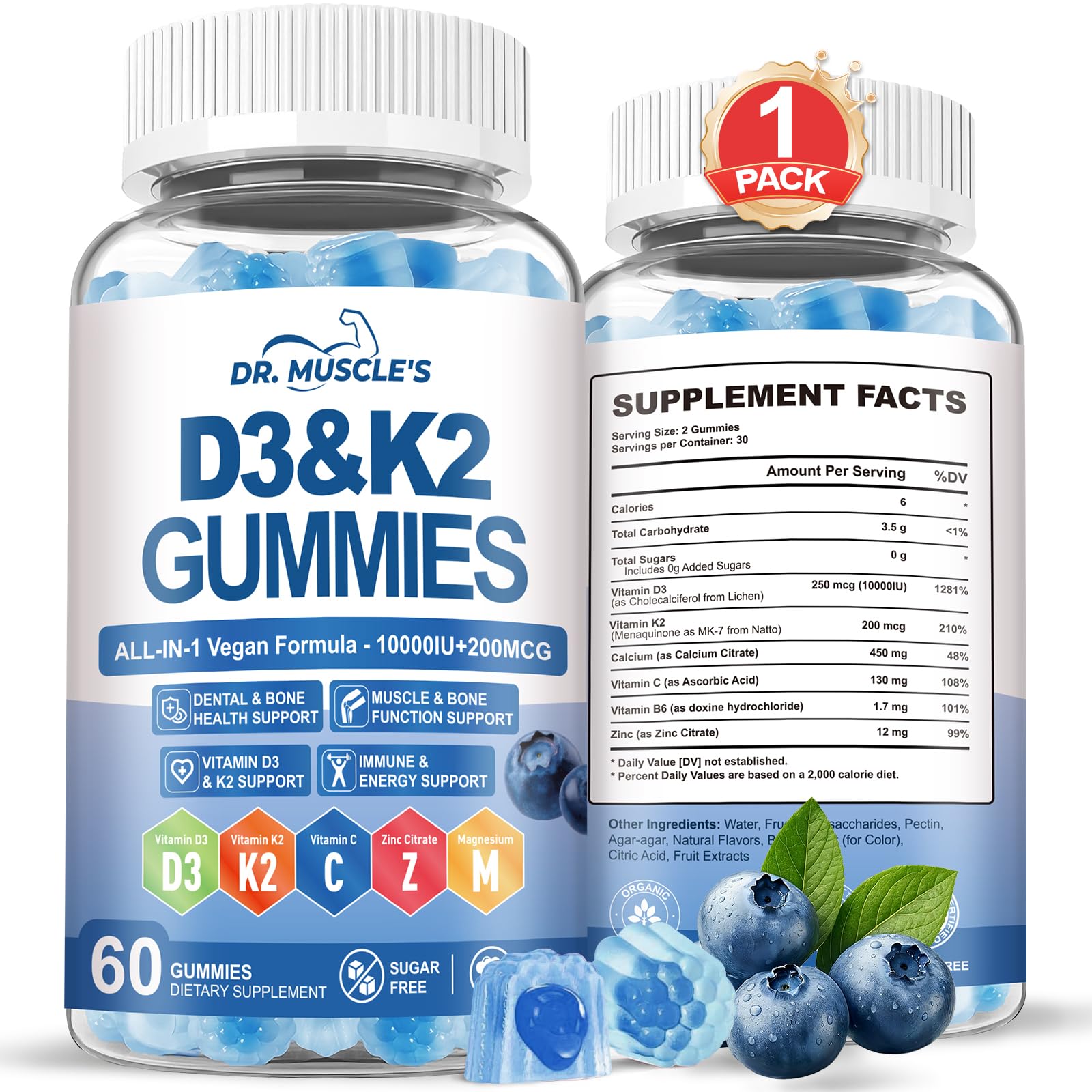 DR. MUSCLE'S Vitamin D3 K2 Gummies 10,000IU with 200mcg MK-7, Sugar-Free Vegan, High Absorption, 60 Gummies
