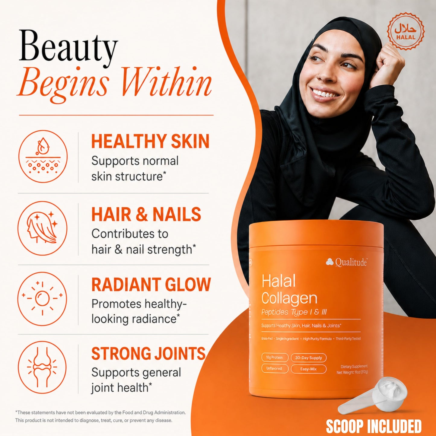 QUALITUDE Collagen Peptides Powder Halal Grass-Fed Bovine Unflavored, 11 oz
