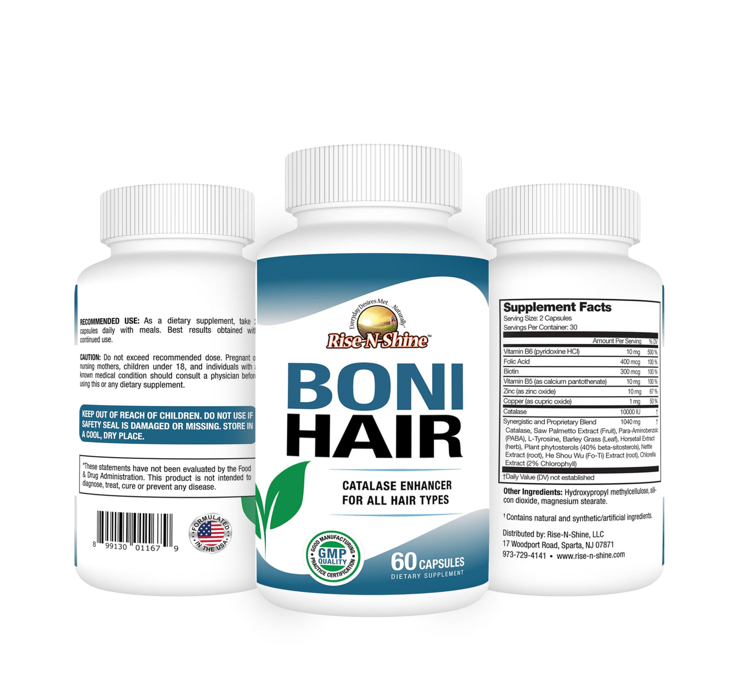 Rise-N-Shine BoniHair Catalase Supplement for Vibrant, Youthful Hair Support- 10,000 IU Catalase with Saw Palmetto, Biotin, Fo-Ti, PABA, 60 Capsules