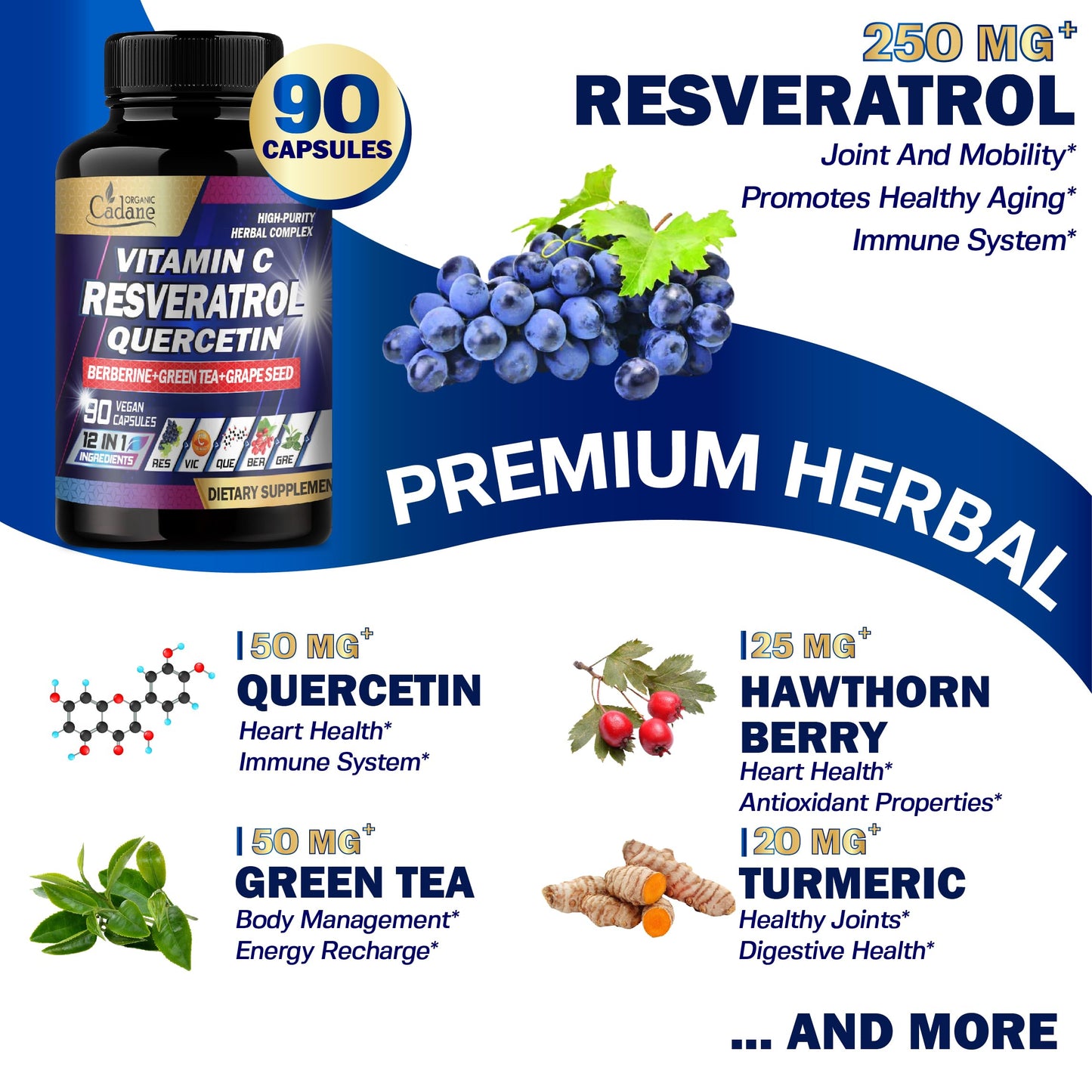 Organic Cadane Resveratrol Supplement 12-in-1 Capsules 90 Count