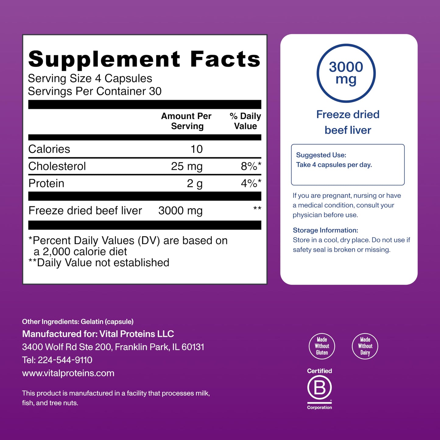 Vital Proteins Grass Fed Beef Liver Capsules, 120 Capsules