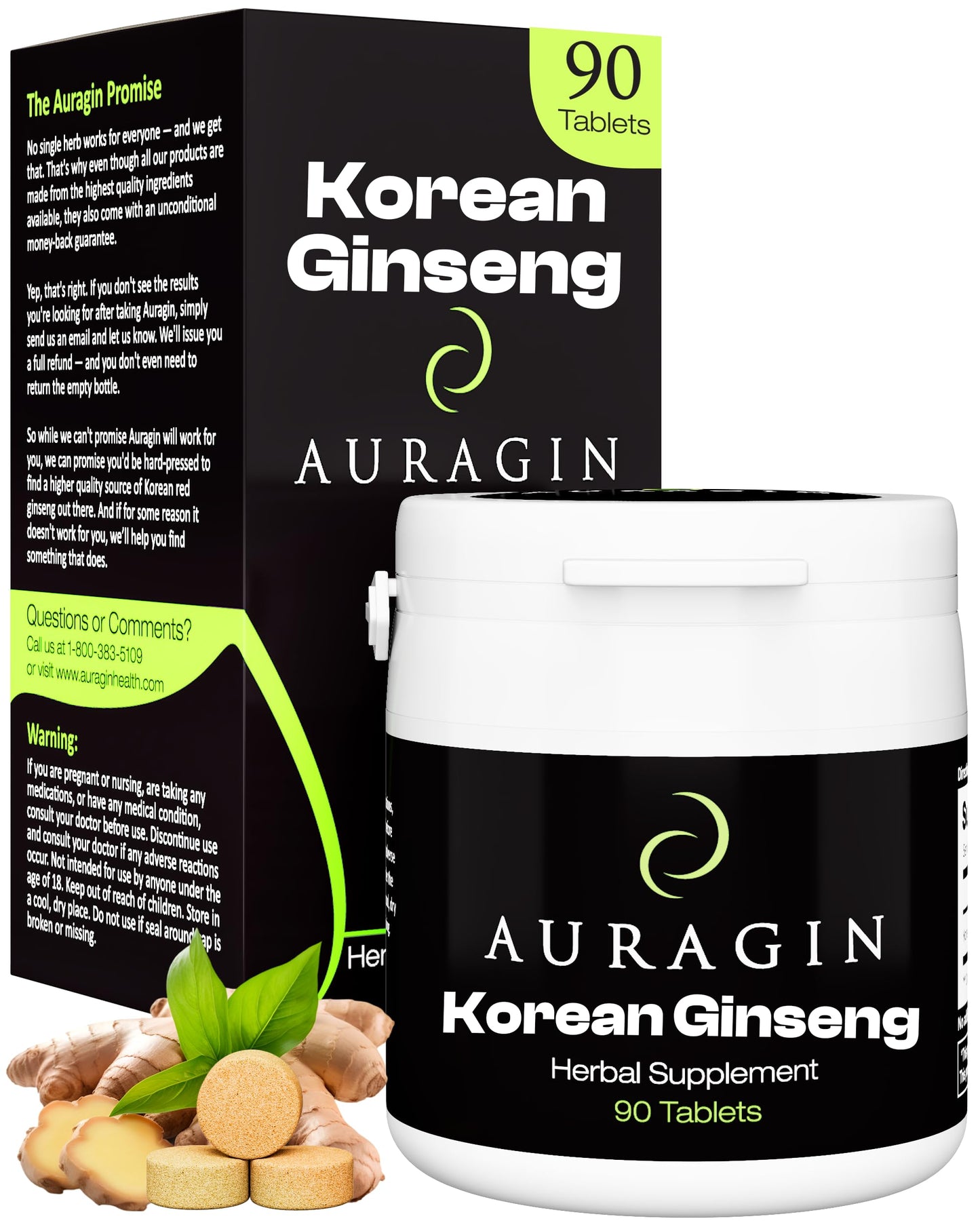 Auragin Authentic Korean Red Ginseng 6 Year Roots – 100% Red Panax Ginseng in Every Tablet – No Additives or Other Ingredients – Made in Korea, 90 Tablets