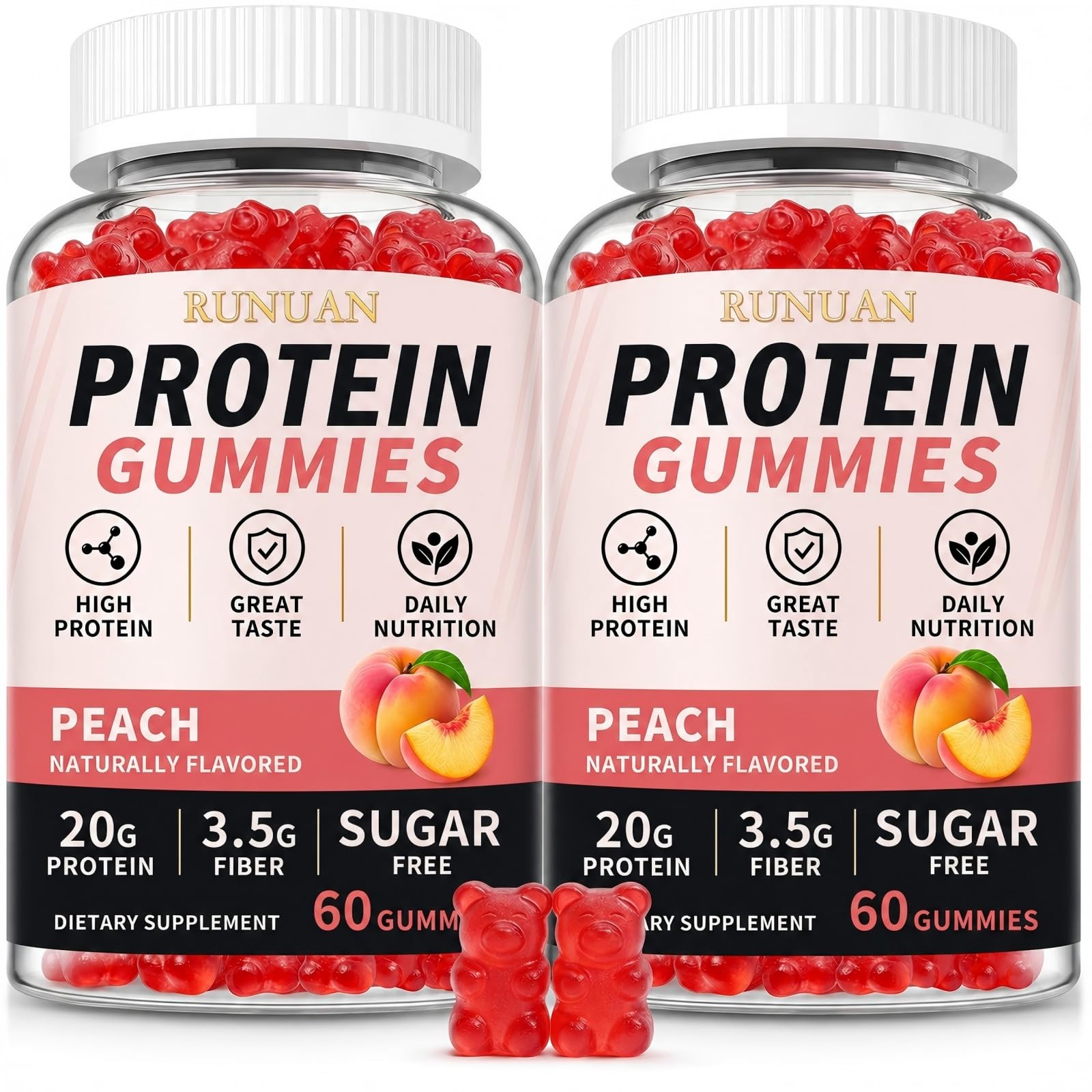 RUNUAN Whey Protein Gummies 20g, Zero Sugar High Protein Snack, 120 Gummies