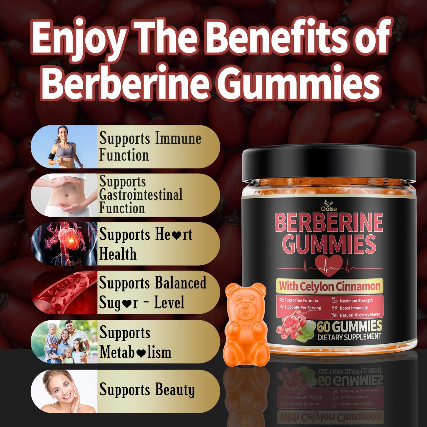 OALSE Berberine Gummies with Berberine HCI, Milk Thistle, Ceylon Cinnamon, 60 Count