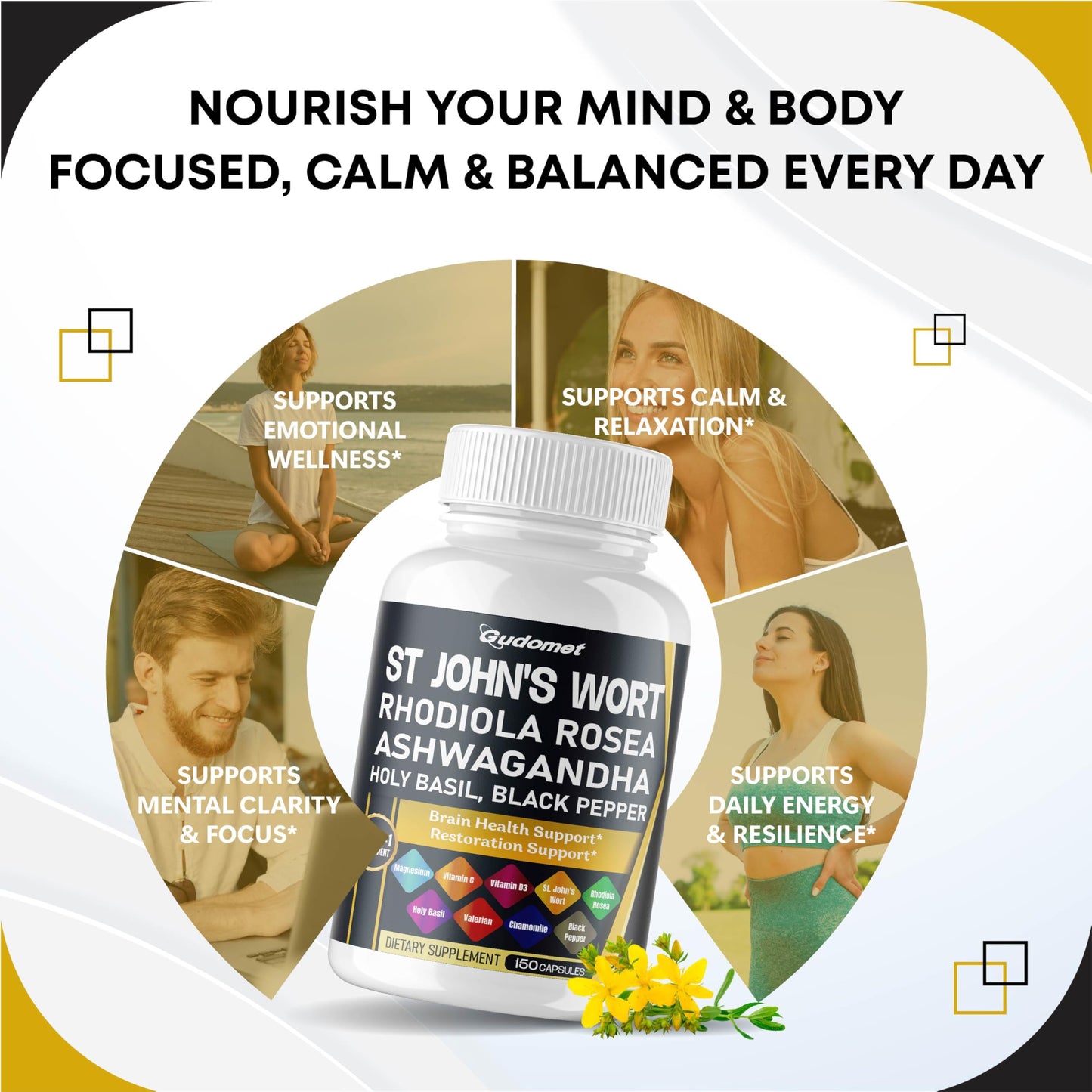 GUDOMET St. John's Wort Rhodiola Rosea Ashwagandha Holy Basil Valerian Chamomile Black Pepper 150 Capsules