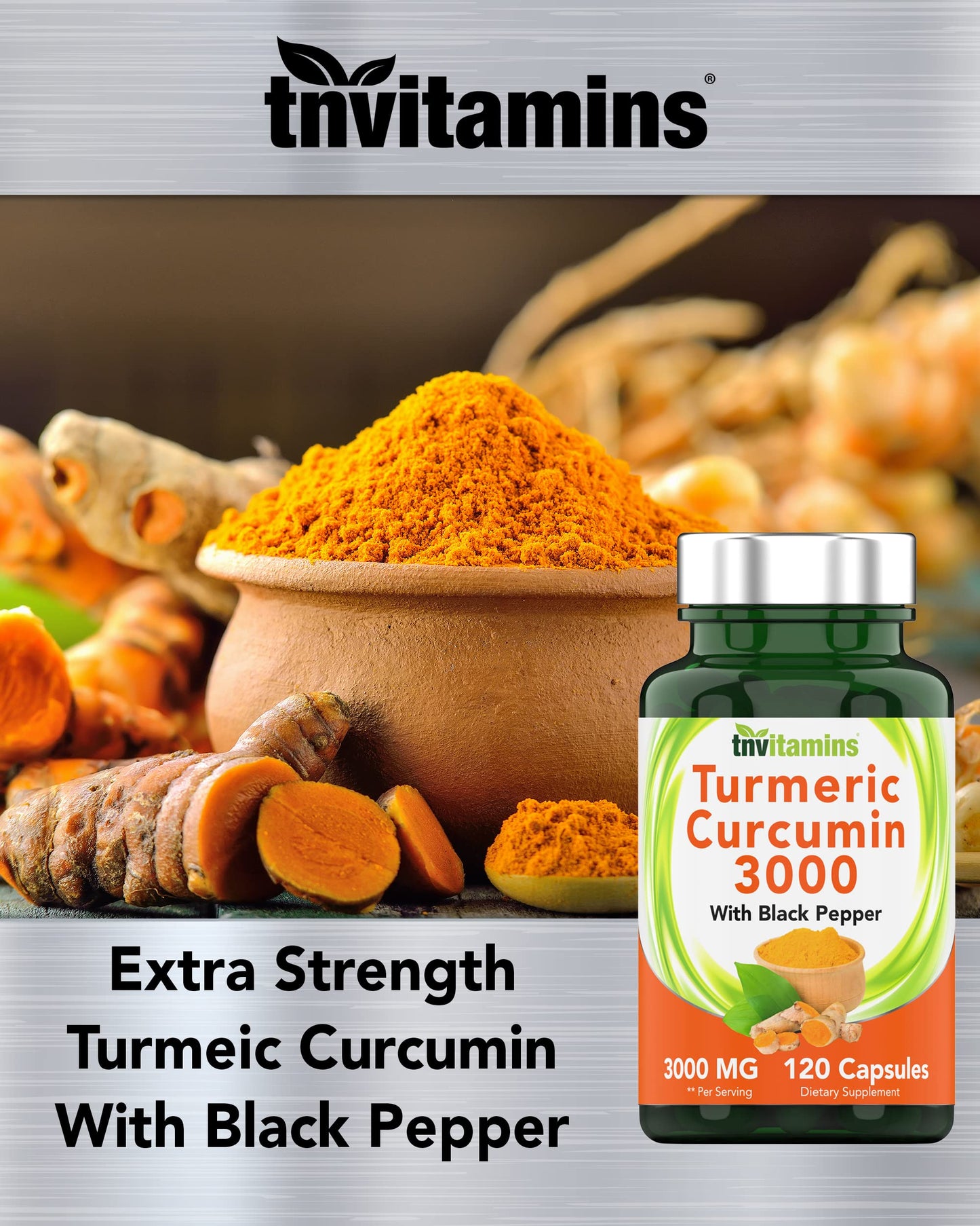 tnvitamins Turmeric Curcumin Capsules with Black Pepper 3000 MG, Extra Strength Golden Turmeric Curcumin Supplement, Non-GMO, 120 Capsules