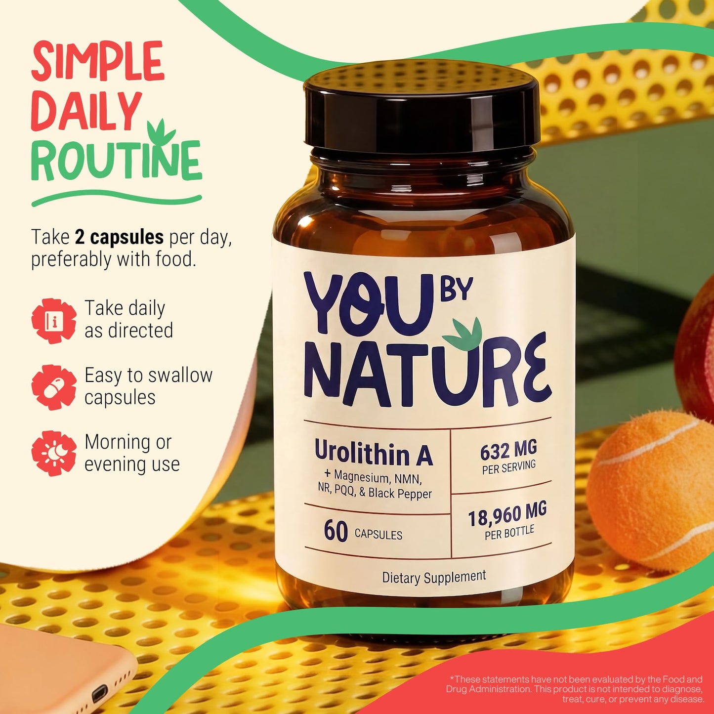 YOUBYNATURE Urolithin A 632mg Supplement with NMN, NR, PQQ, Magnesium Bisglycinate & Black Pepper Extract, Capsule, 60 Count