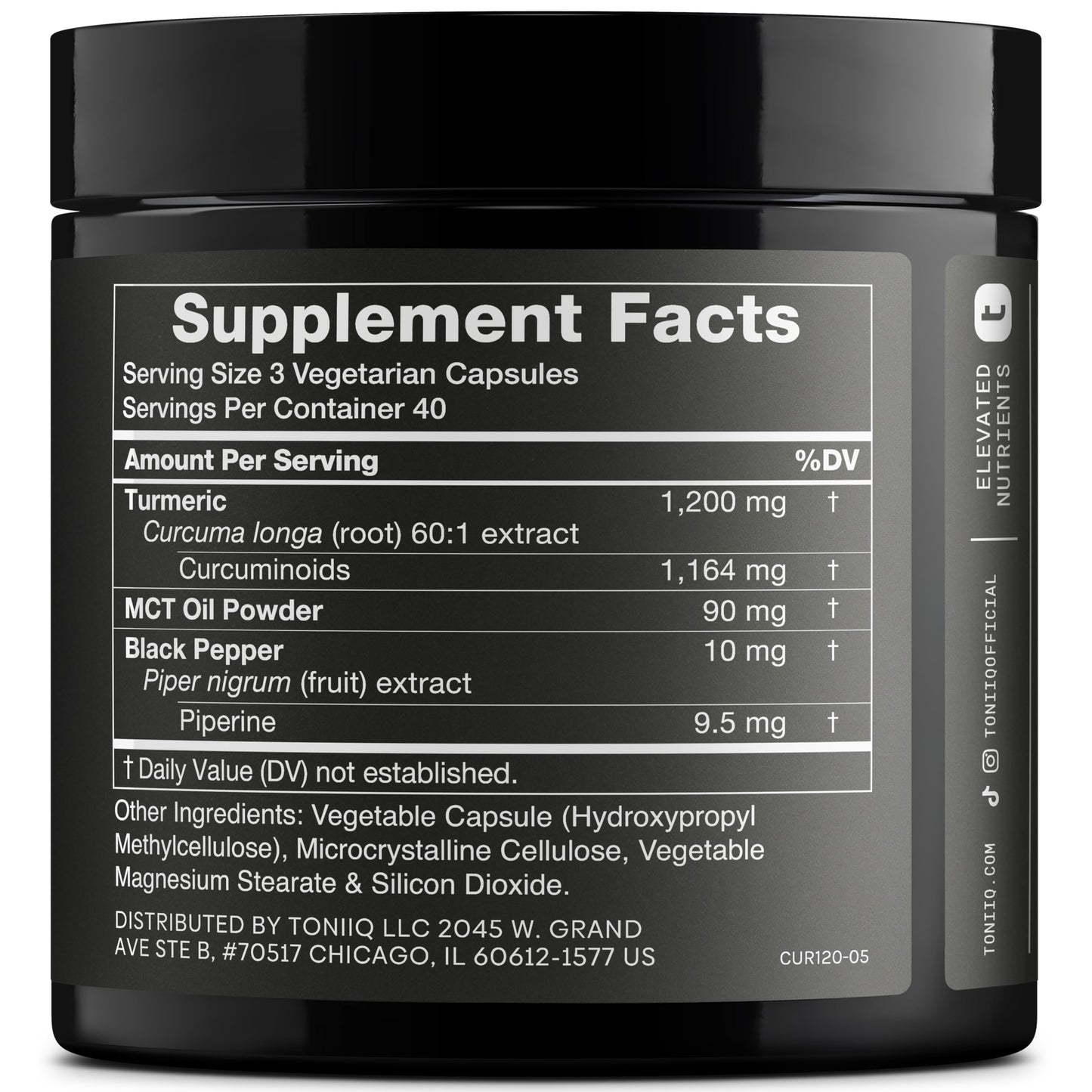 Toniiq Turmeric Curcumin Ultra High Potency 60:1 Extract with 97% Curcuminoids 1200mg Per Serving Black Pepper & MCT Oil for Enhanced Absorption Third-Party Lab Tested, 120 Capsules