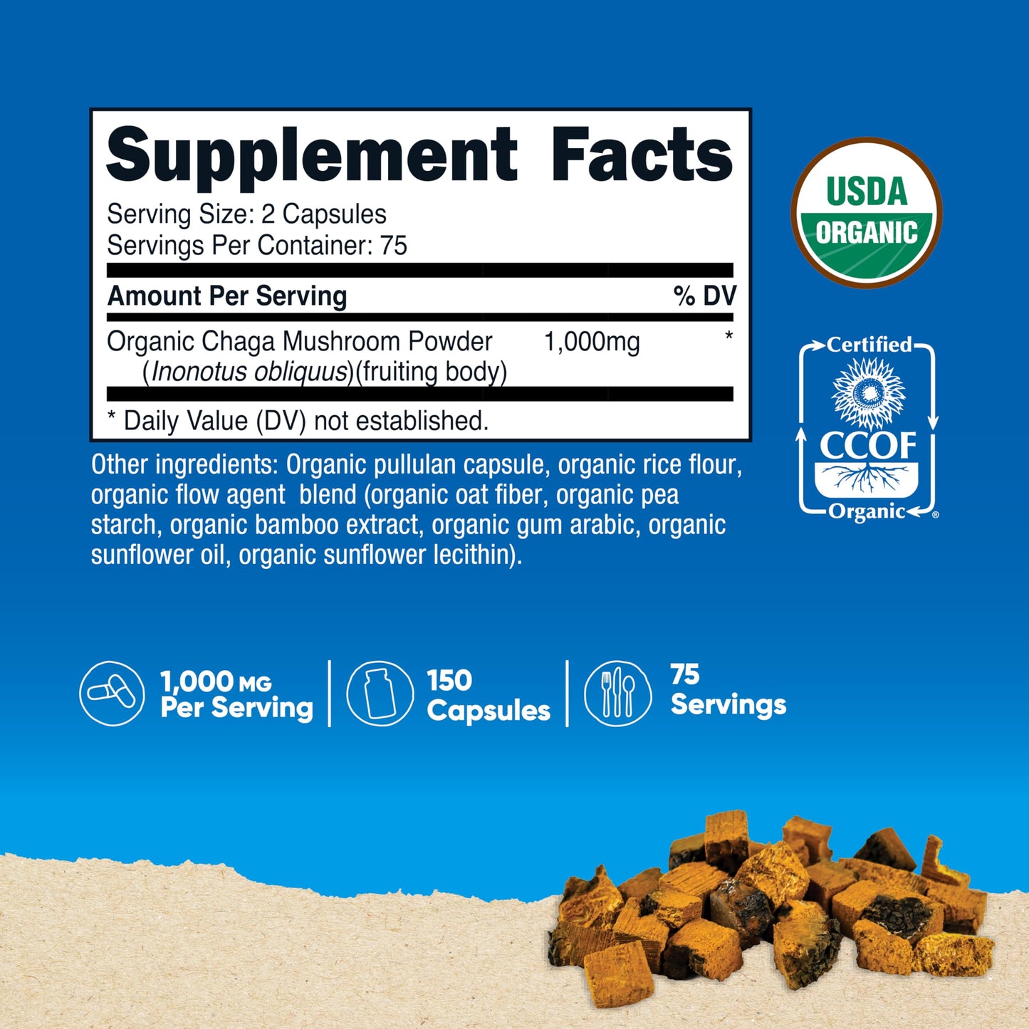 Nutricost Organic Chaga Mushroom (1000mg) Capsules, 150 Count