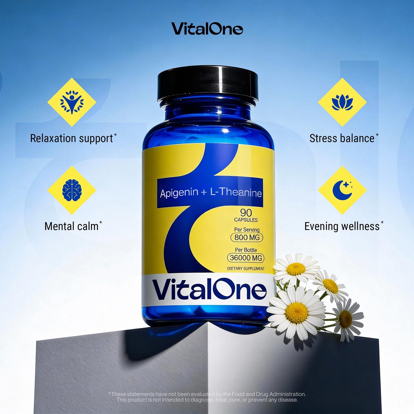 VitalOne Apigenin 200 mg + L-Theanine 600 mg Night Time Capsule, 90 Capsules