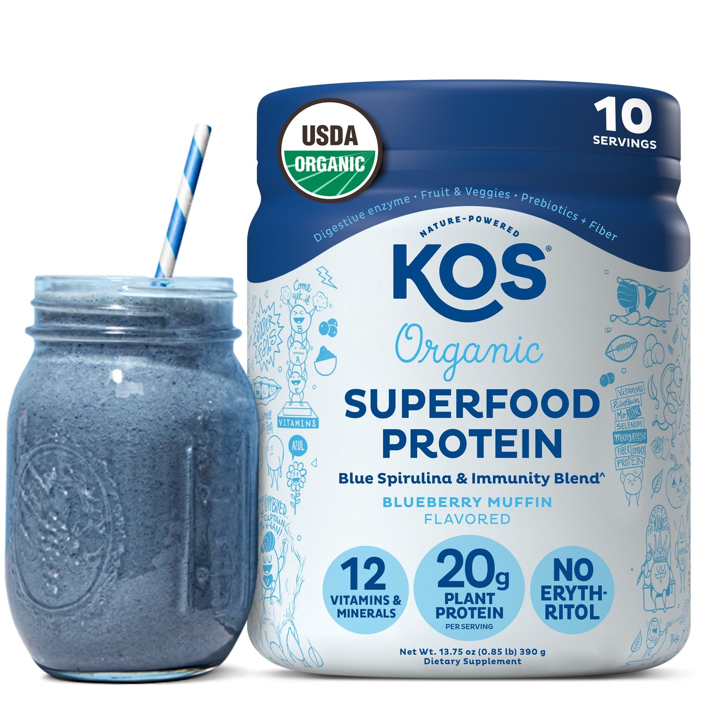 KOS Plant Based Protein Powder, Blueberry Muffin - Organic Pea Protein Superfood with Spirulina and Immune Support Blend, 13.75 Ounce
