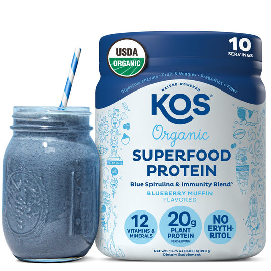 KOS Plant Based Protein Powder Blueberry Muffin - Organic Pea Protein with Spirulina and Immune Support, Vegan, 13.75 oz
