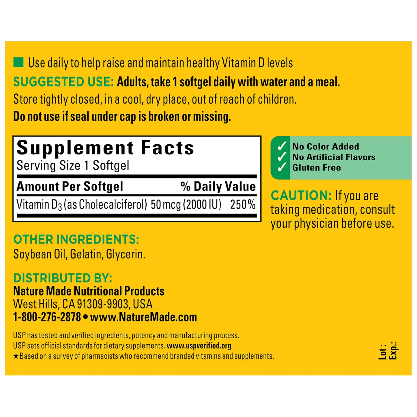 Nature Made Vitamin D3 2000 IU (50 mcg) Softgels, 250