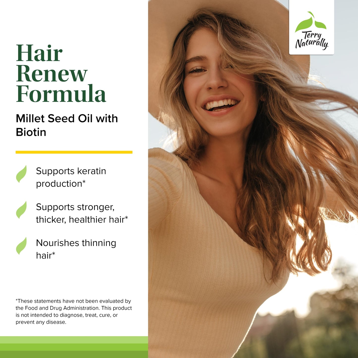 Terry Naturally Hair Renew Formula Hair Growth Support Supplement with Horsetail Biotin & Folic Acid Millet Seed Oil for Keratin Production Softgels 120 Count