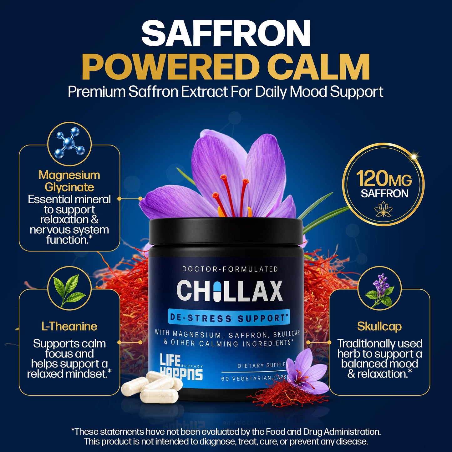 LIFE HAPPNS BE READY Calm & Mood Support Supplement with Saffron, L-Theanine, Magnesium Glycinate & Skullcap, Capsules, 60 Count