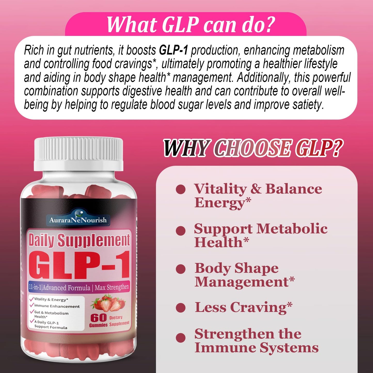 AuraraNeNourish GLP-1 Sugar Free Probiotic Gummy Supplement with Akkermansia Muciniphila, Berberine & Ceylon Cinnamon, 60 Gummies