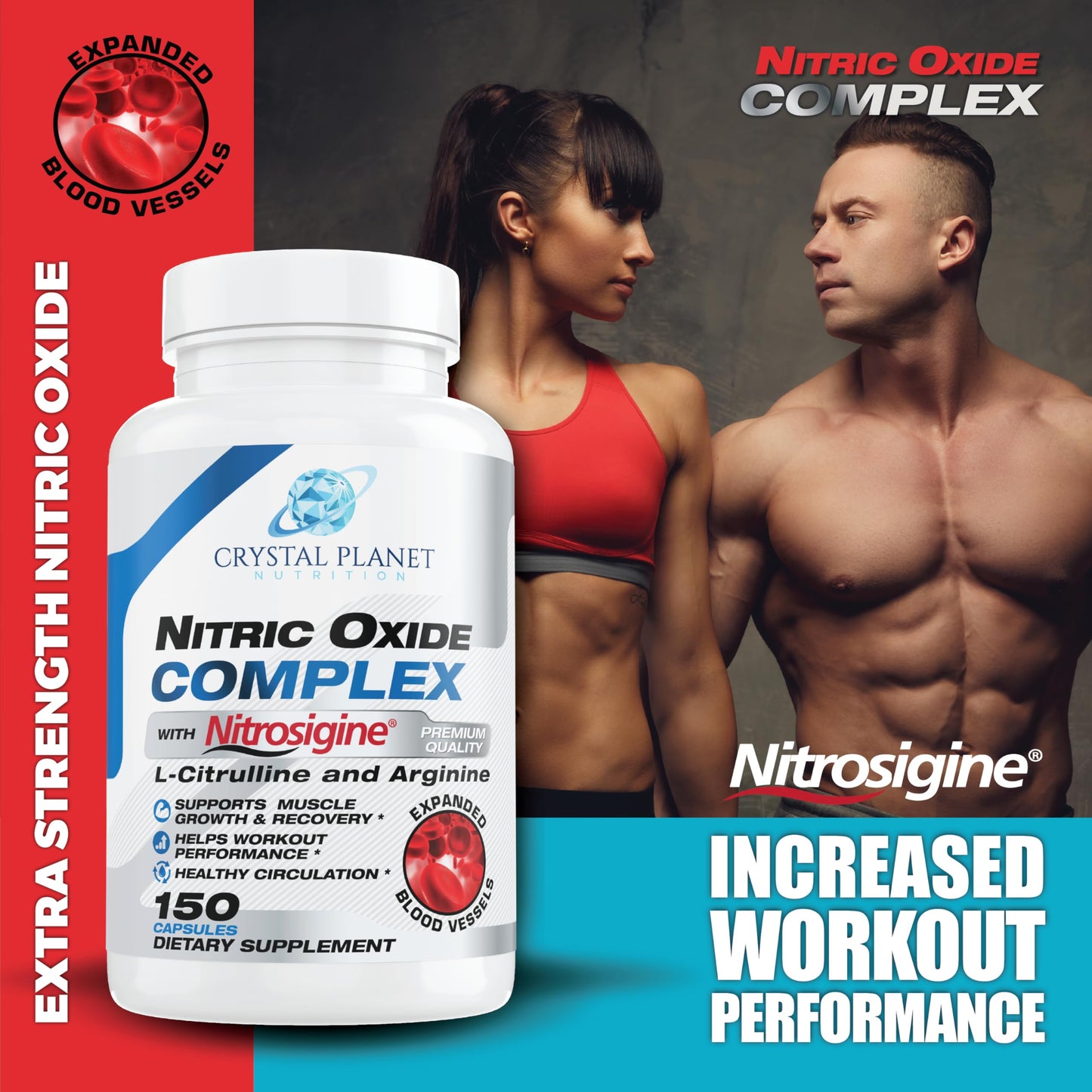 Crystal Planet Nitric Oxide Complex with Nitrosigine, Beet Root, Pine Bark, L-Citrulline & Black Pepper Capsule, 150 Capsules