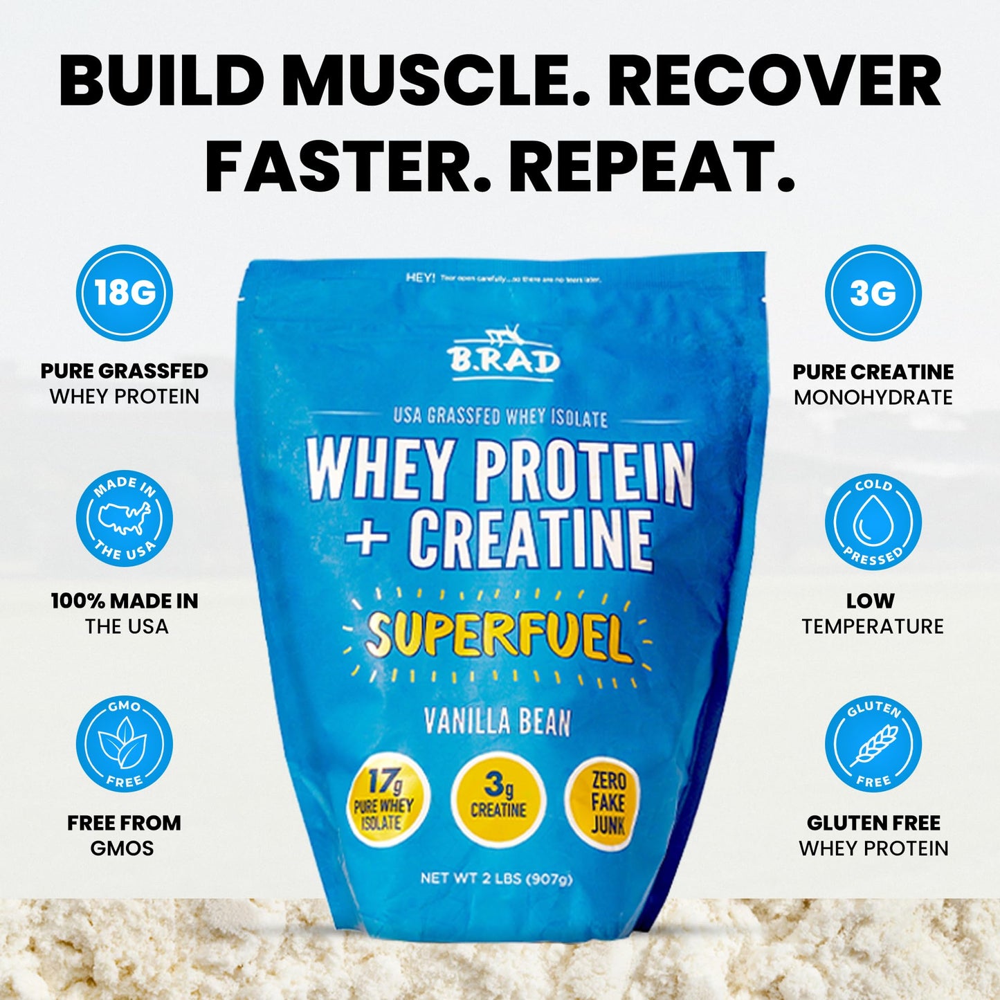 B.rad Superfuel Grass-Fed Whey Protein Isolate Boosted with Creatine Powder, 32 Servings