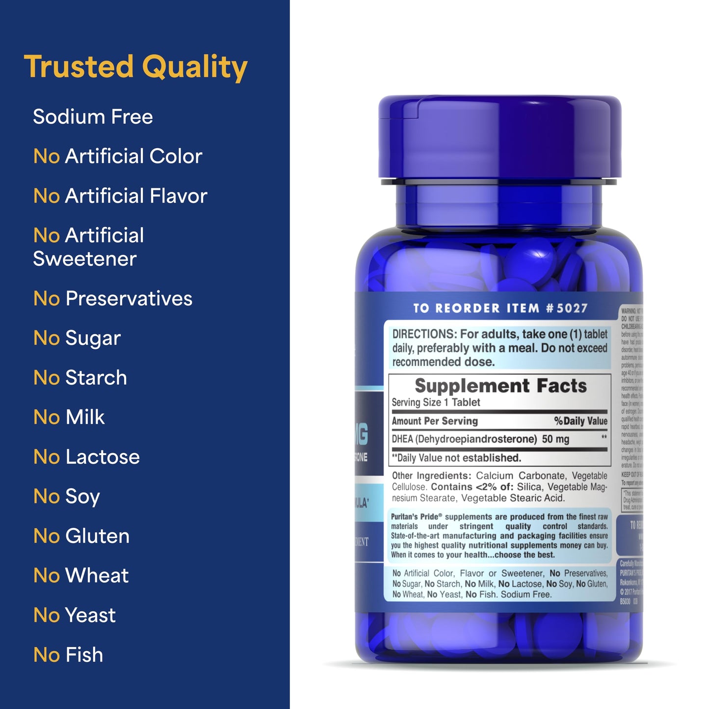 Puritan's Pride Youth Guard DHEA 50mg for Women and Men Caplets 200 Count