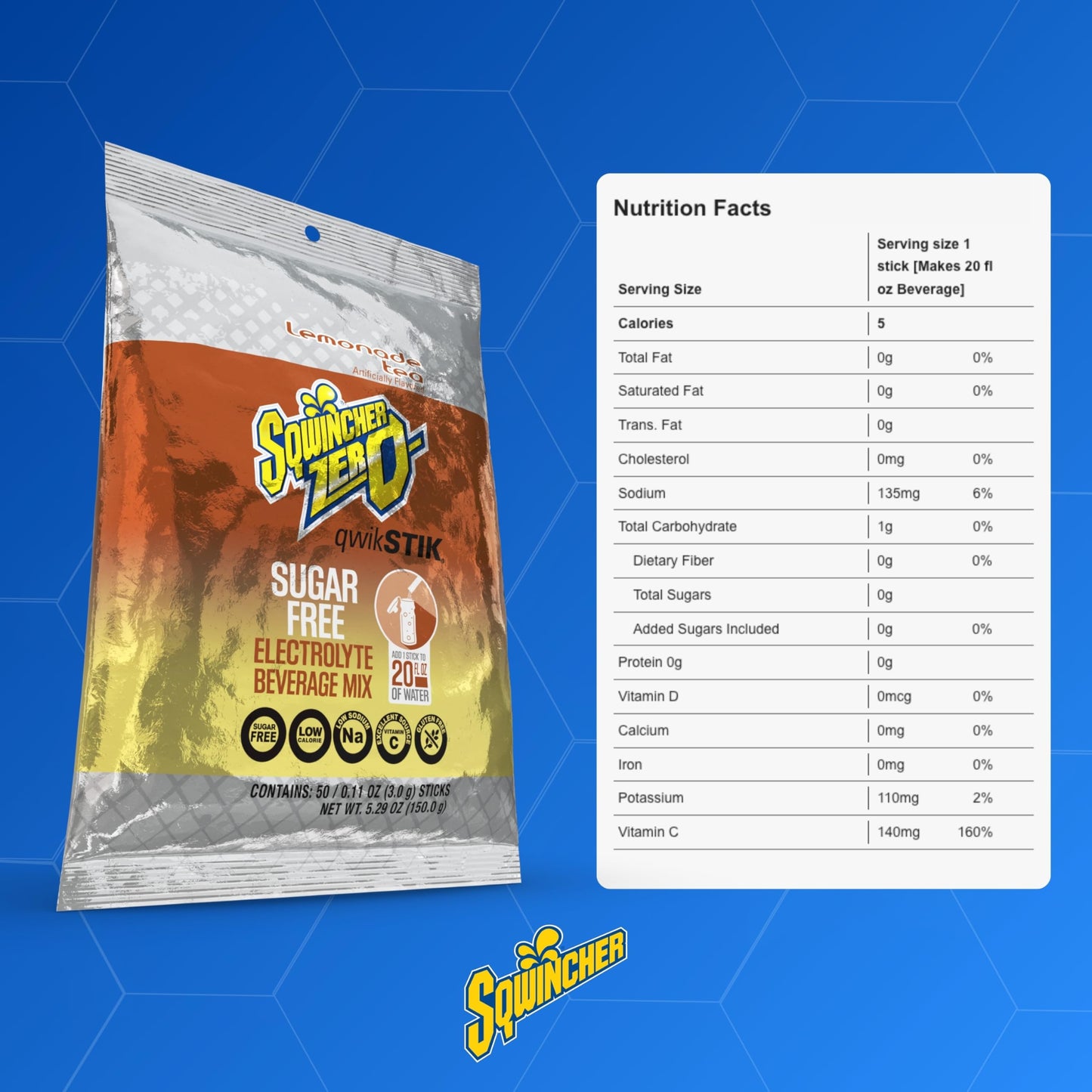 Sqwincher Qwik Stik Sugar Free Lemonade-Tea Flavor Powder 5.5 oz