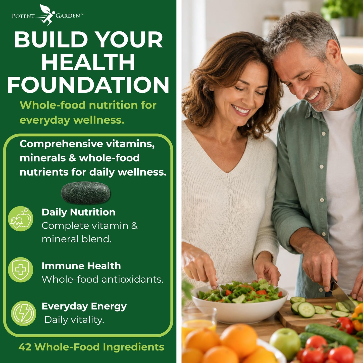Potent Garden Multivitamin for Men & Women – 42 Fruits & Vegetables, Probiotics & Enzymes, Daily Whole Food Supplement for Energy, Immune Support & Digestion, Non-GMO, 90 Tablets