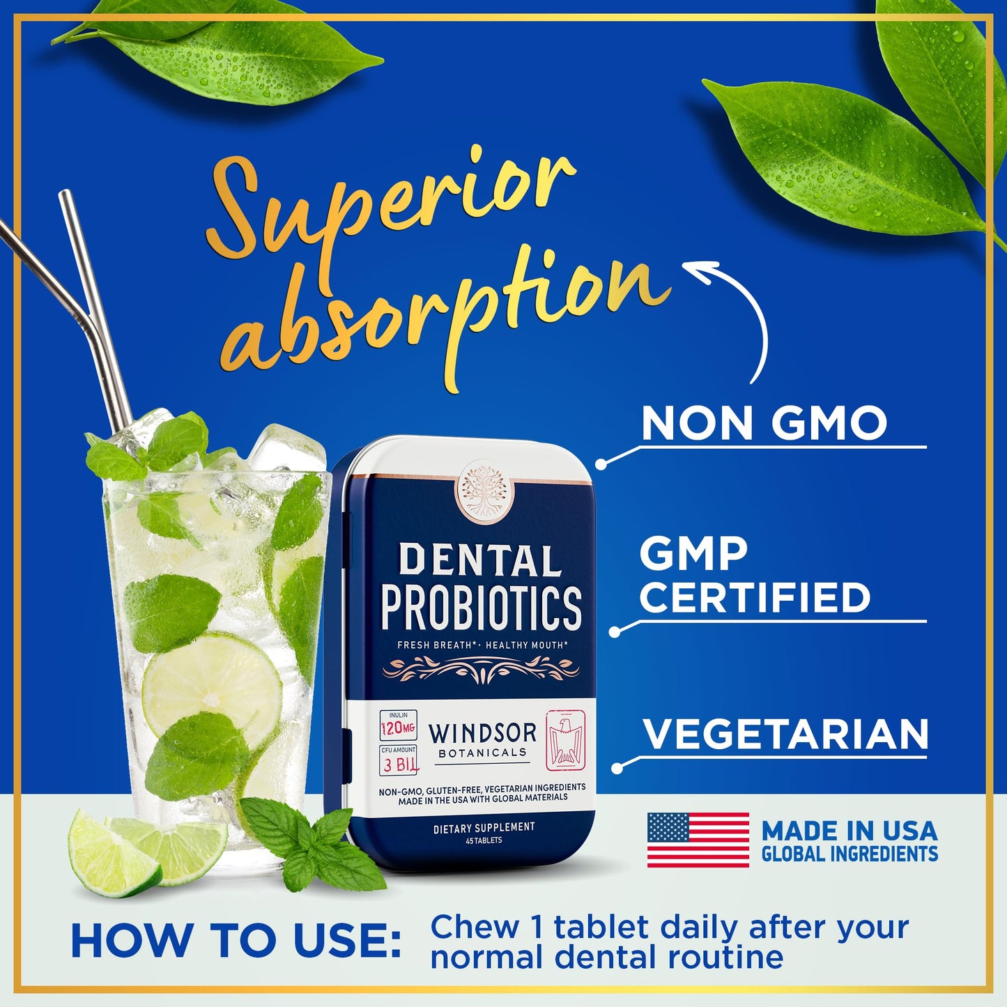 WINDSOR BOTANICALS Dental Probiotics for Teeth and Gums, 3BN CFU Lactobacillus Salivarius Acidophilus Tablets, 270 Chewable Tablets