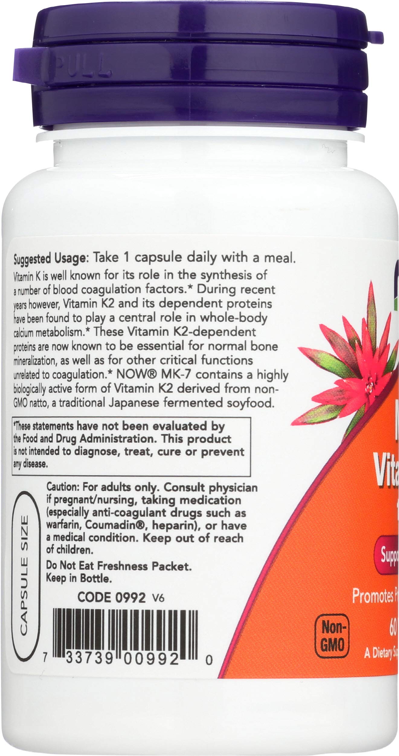 NOW Foods MK-7 Vitamin K-2 100 mcg Capsules, 60 Capsules