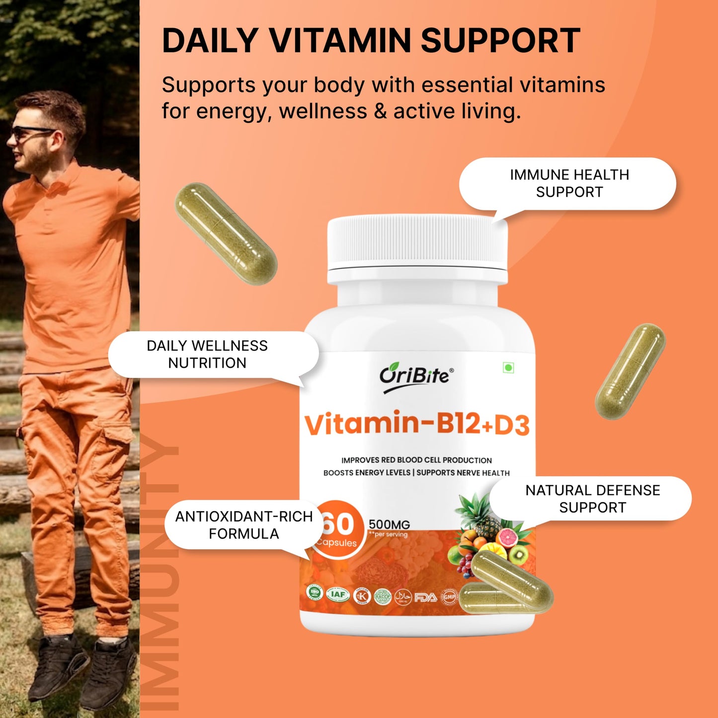 ORIBITE Vitamin B12 + D3 Supplement Capsule, 60 Count