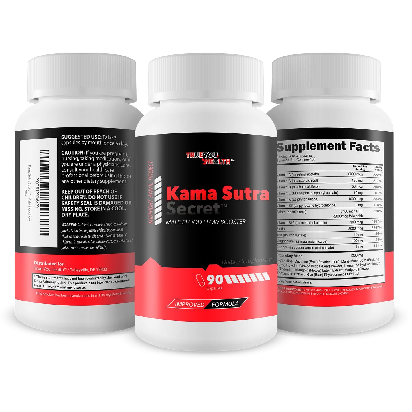 True You Health Kama Sutra Secret Bloodflow Midnight Anvil Project Male Bloodflow Booster Capsules, 90 Count