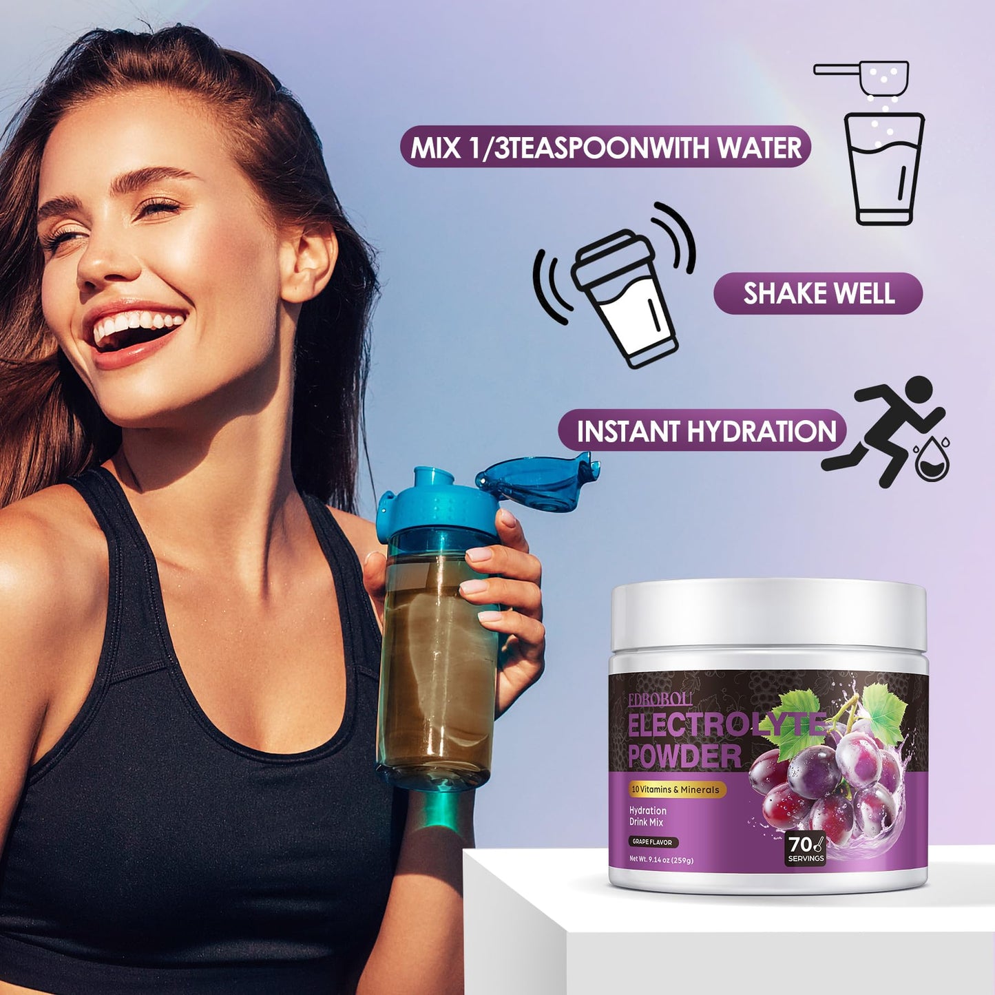 EDBOBOU Sugar Free Electrolyte Powder, Grape Flavor, 9.14 oz