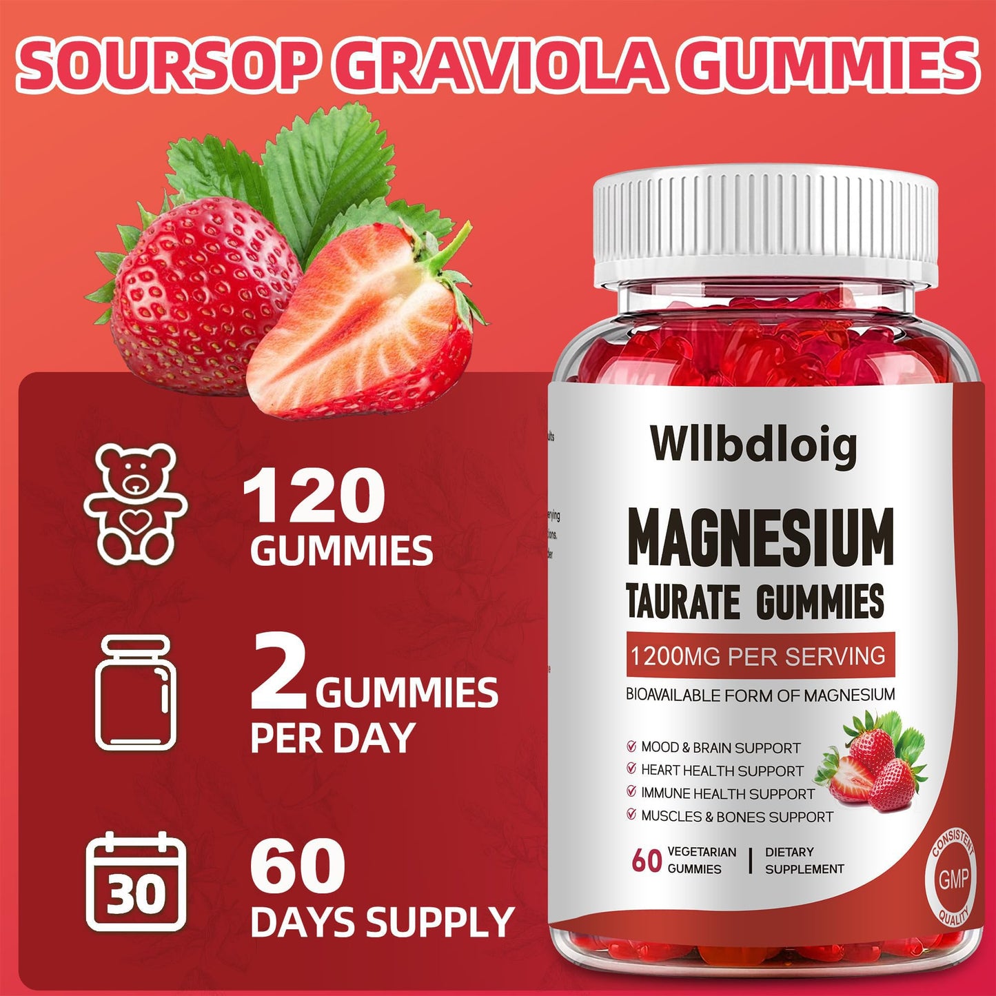 Wllbdloig Magnesium Taurate Gummies 1200mg Complex Magnesium High Absorption, 60 Count